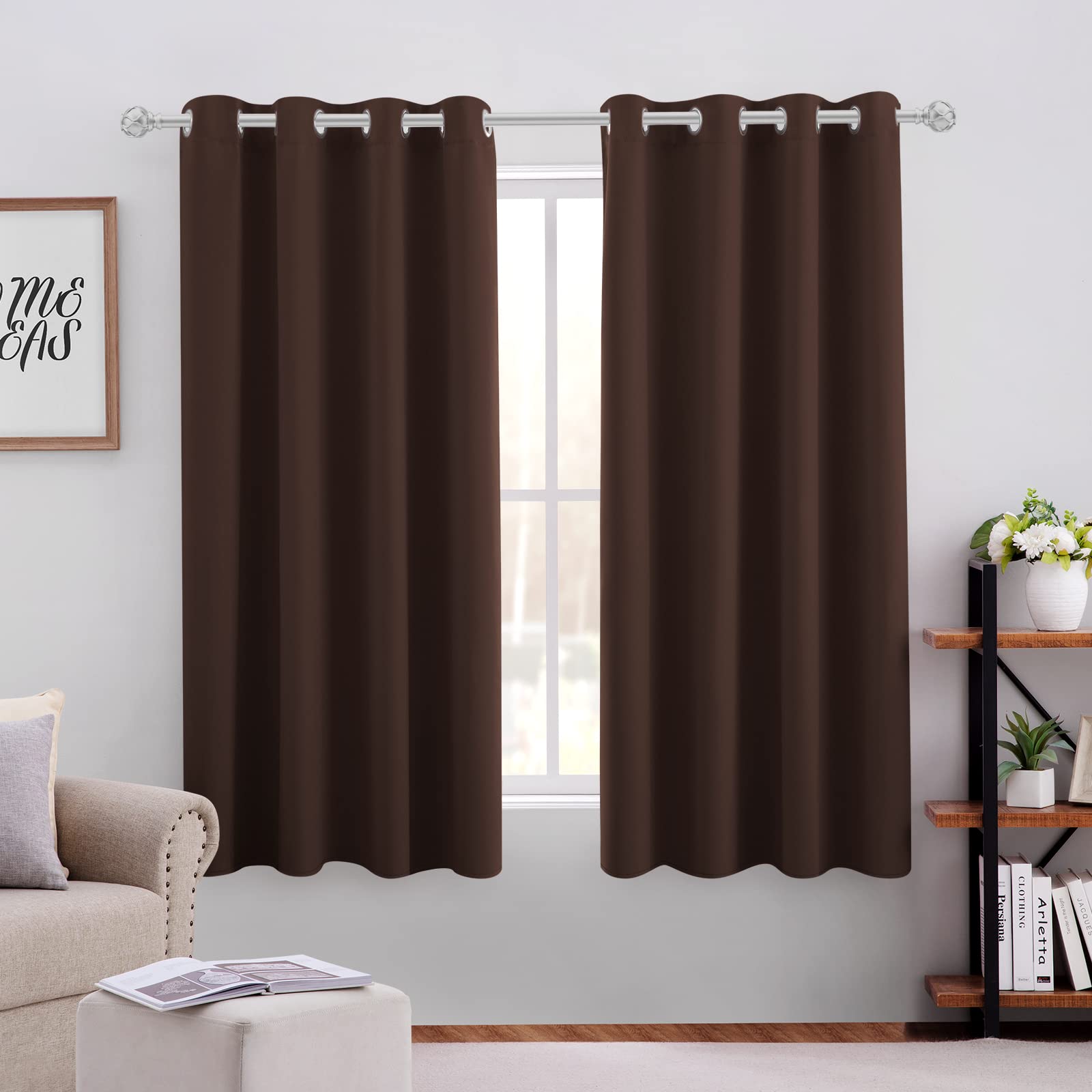 HOMEIDEAS Chocolate Brown Blackout Curtains 2 Panels 52 X 63 Inch Drop Room Darkening Eyelet Curtains for Bedroom, Thermal Insulated Light Blocking Window Drapes