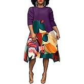 pnahip Women's Plus Size Midi Dress Floral Print 3/4 Sleeve A-Line Asymmetric Hem Casual Flowy Party Beach Midi Dresses