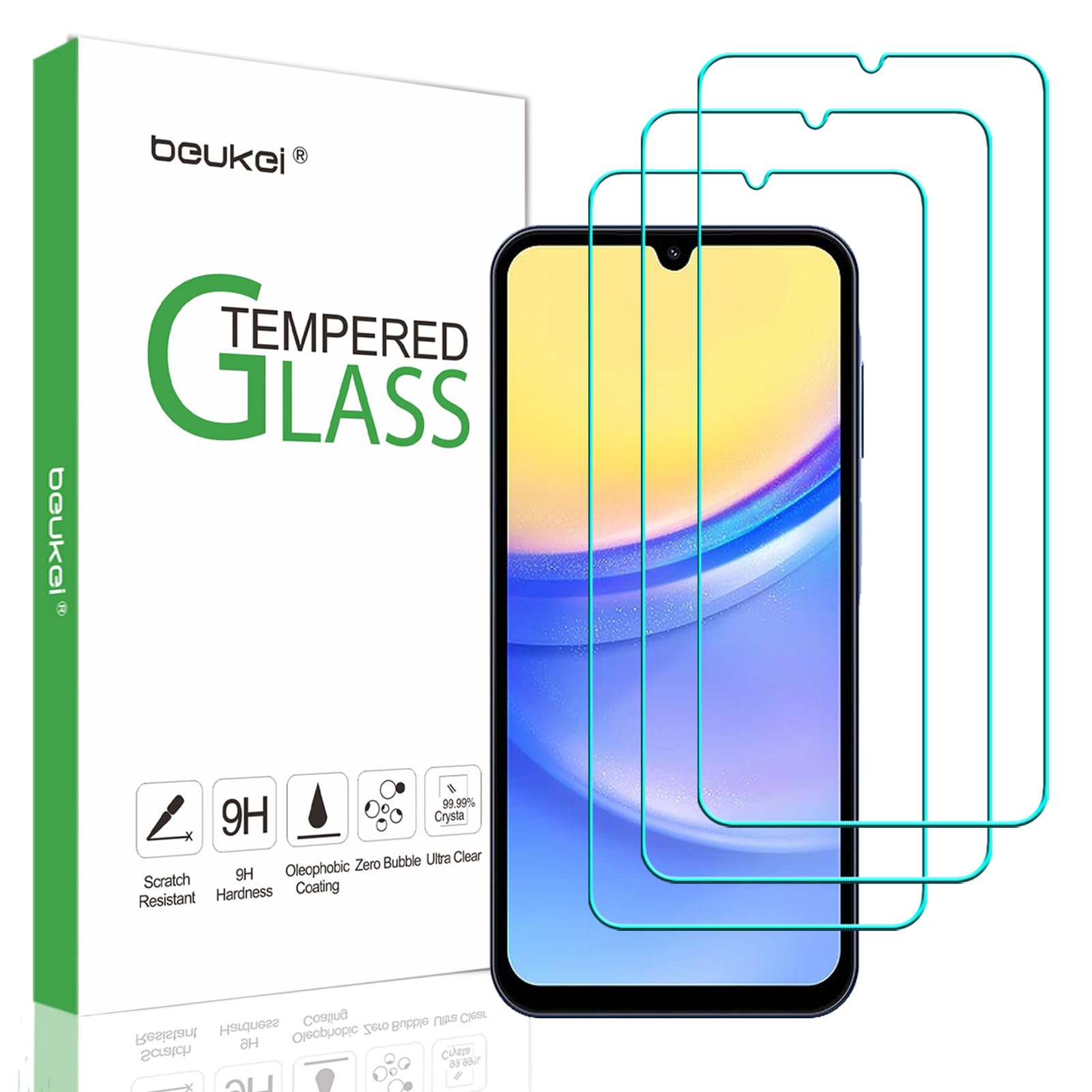 beukei (3 Pack) Compatible for Samsung Galaxy A15 5G and Galaxy A15 Screen Protector Tempered Glass, Touch Sensitive,Case Friendly, 9H Hardness