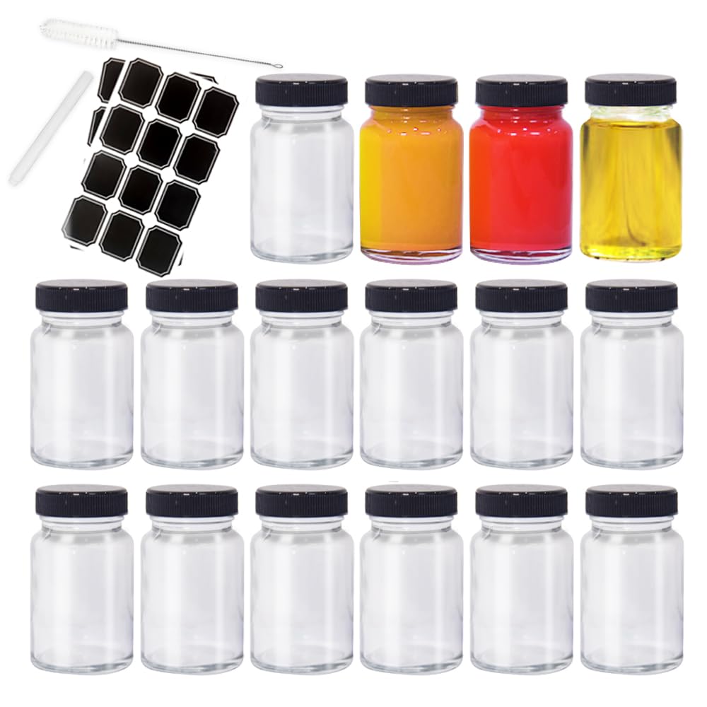BiBOTLSFLY 2oz 16 Pack Glass Shot Bottles with Black Lids, Leakproof Clear Jars Travel Essentials Mini Bottles for Ginger, Wellness Shot, Juice, Oils, Sauce, Sample