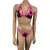 Freya's Boutique Sparkle Shine Triangle Bikini Top with Connector Mini G-String Thong Micro V-String Thong Skimpy Exotic Dancewear Rave Outfit Swimwear Bathing Suit 2 Piece Set Handmade Multi Color