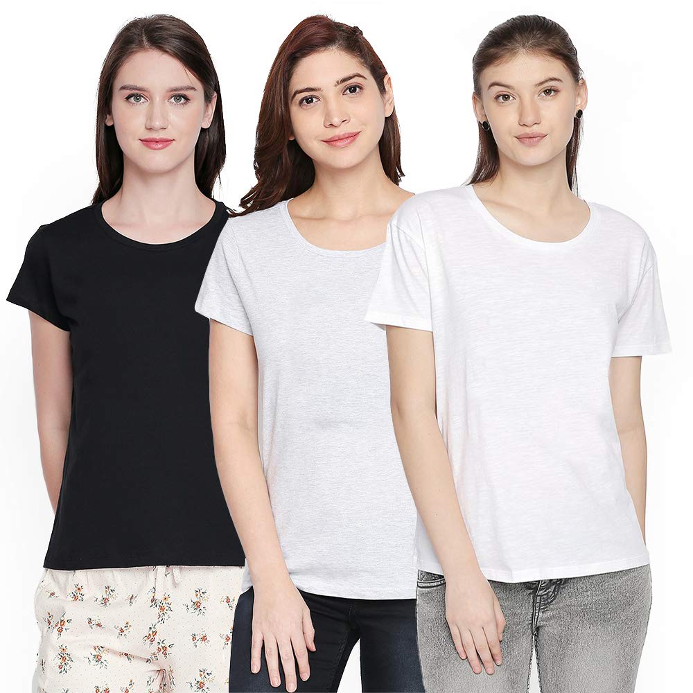 Buy Design Cafe Women's Plain Cotton Round Neck T-Shirts Combo Pack of 3 at Amazon.in