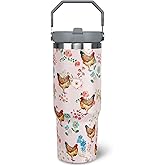 30oz Chicken Tumbler with Handle and Straw, Pink Chicken Stainless Steel Vacuum Insulated Flip Straw Coffee Cups Spill Proof Travel Mug, Chicken Rooster Decor Stuff Gifts for Women Chicken Lover