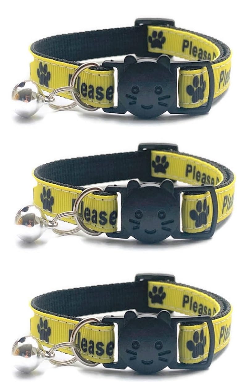 Worded Cat Collars with Bell – Please Do Not Feed Me, I Am Microchipped | Safe Quick Release Breakaway Buckle | Zacal Cat Collars (1. Yellow, Please Do Not Feed Me, Pack of 3)