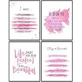 YELLOWBIRD ART & DESIGN Inspirational Quotes Wall Decor - Pink Motivational poster Set - Positive Affirmations Wall Art - Encouraging Gift for Women Girls - I Am - Inspiring Wall Art - UNFRAMED 8x10