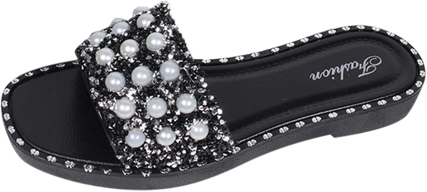 Fashion Flat Slippers, Womens Wedge Sliders Rhinestone Pearl Embellished Slip On Slippers