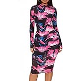 Women's 3 Piece Sexy Mesh Bodycon Dress Set - Long Sleeve Floral Ruched Sheer Midi Dress with Matching Cami and Shorts