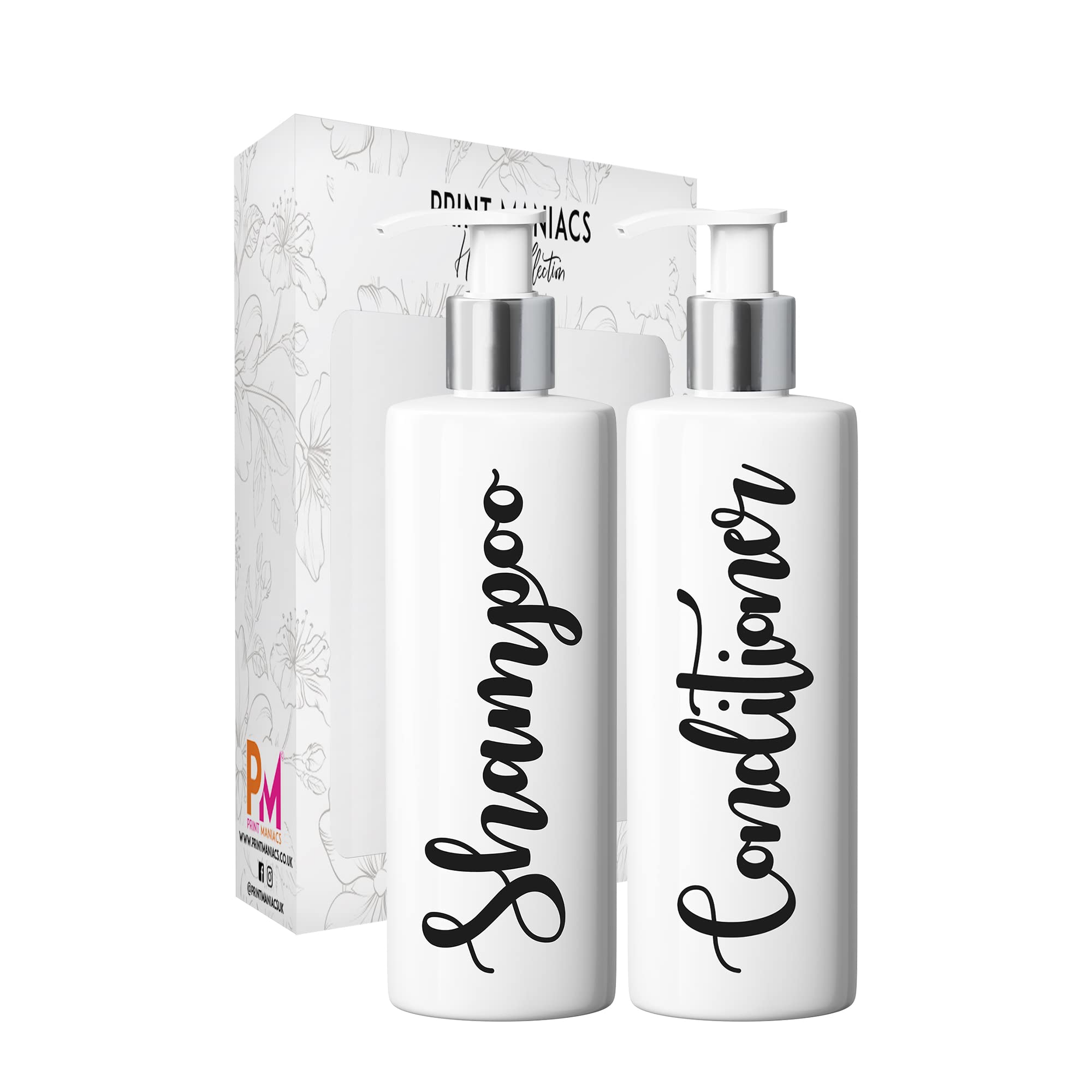 Print Maniacs 2 Set Mrs Hinch Inspired White Personalised Dispenser Pump Bottles Shampoo Conditioner (Black)