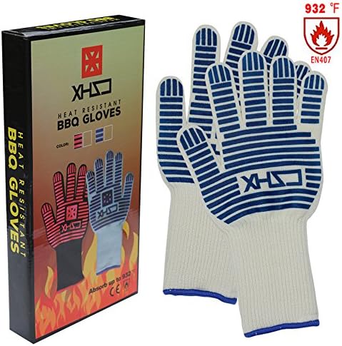 XHSJ One Pair BBQ Grilling Cooking Gloves 932°F Extreme Heat Resistant Forearm Protection Long Cuff Silicone Aramid Grip Baking and Oven Mitts Fire Place Camping Gloves (White &amp; Blue)
