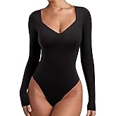 REORIA Long Sleeve Bodysuits for Women Square V Neck Going Out Top Double Lined Thong Body Suit Sexy Slimming Shirt 2025 Fall