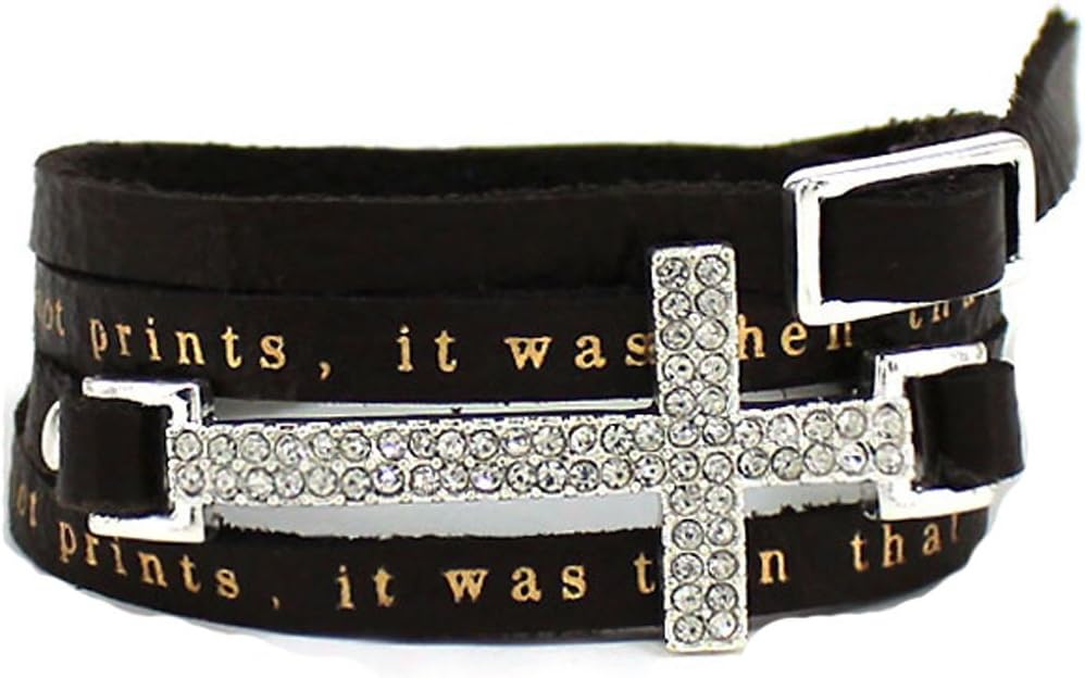 4030267 Footprints Poem Leather Wrap Bracelet Adjustable Belt Buckle Style Foot Prints