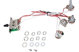 MICOVAY Oneflysky 2T1V Electric Guitar 500K Pots Control Knobs 5-Way Switch with Jack Wiring Harness Kit for Strat Style Guitar Replacements, Black Cap