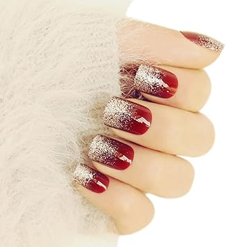 Lzndeal 24 Pcssetfaux Ongles Adhesifs Faux Ongles Acrylique Mode Rouge Faux Ongles Avec Paillettes Acrylique Couverture Complète Faux Ongles Carré