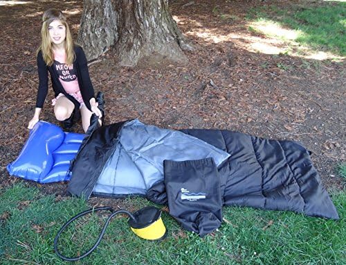 Keen Enterprises "Sports" Dual Purpose Air Mattress Sleeping Bag for Camping and Sleepovers it's Water resistant, and Durable. Fits Rubber Pads. Includes: Bellows Foot Pump and Air mattress (Youtube)
