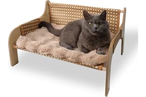 Qonimm 2 in 1 Large Woven Rattan Cat Couch Bed with 19x 14'' Removable Plush Pad Mat, Pet Sofa for Indoor Elevated Cat Beds Suitable for Kitty, Puppy or Small Animal (Supports 33 lbs)