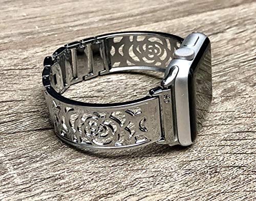 Shiny Silver Bracelet For Apple Watch Band Women 38mm 40mm Flowers Design Bangle iWatch Band Bangle Adjustable Size iWatch Feminine Jewelry Bracelet Elegant Apple Watch Wristband