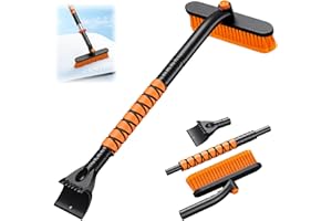 IYARKAI 3-in-1 Extendable Snow Brush and Ice Scraper for Car, 36"-46" Adjustable Long Handle with 360° Rotating Head, Soft Br