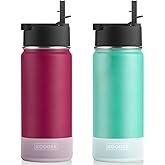 KOODEE 16 oz Stainless Steel Double Wall Vacuum Insulated Water Bottle with Straw 2 Pack Wide Mouth Sports Water Bottle (Fuchsia Red-Teal)