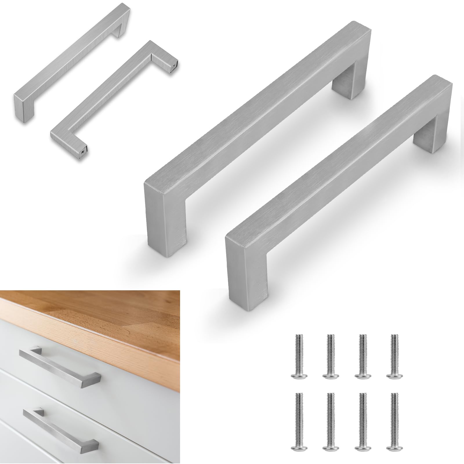 Flintronic 2PCS Square Bar Pull Handles, 128 mm Brushed Stainless Steel Wardrobe Handles for Drawer and Kitchen Cabinet