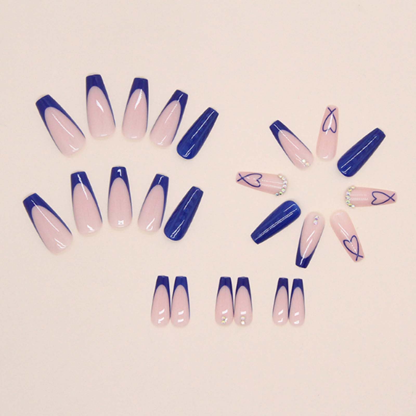 Gifiky Long Coffin False Nails Blue French Press on Nails Cute Nails Tips Acrylic Crystal Gem Design Fake Nails for Women and Girls 24Pcs - Image 4