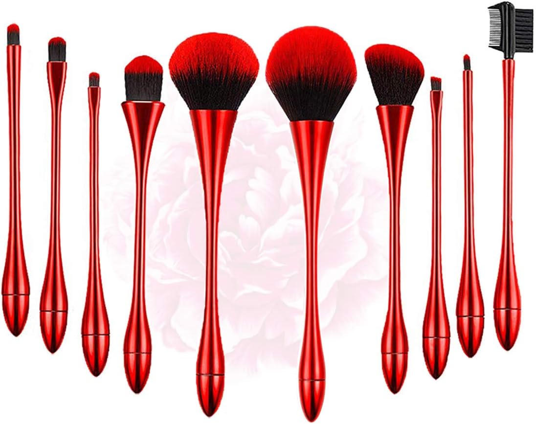 10Pcs Makeup Brushes, JUNHCZOY Professional Make up Brush Set Foundation Blending Blush Concealer Eye Shadow Cruelty-Free Synthetic Face Liquid Powder Cream Cosmetics Brushes (red)
