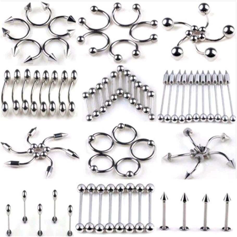 60pcs 316L Surgical Stainless Steel Barbell Nose Lip Nipple Rings Septum Tongue Eyebrow Piercing Jewelry Set 14G 16G 18G