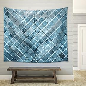 Tile, Blue Square Tile Toilet Wall. - Fabric Wall Tapestry Home Decor - 51x60 inches
