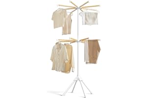 SONGMICS Clothes Drying Rack 2-Tier, with Bamboo Hanging Rods, Foldable Metal Laundry Rack, Space-Saving, Free-Standing Airer, Indoor Use, White and Natural ULLR517W01