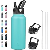 BJPKPK Insulated Water Bottles with Straw Lid, 32oz Metal Large Water Bottle with 3 Lids, Reusable Leak Proof BPA Free Thermo, Stainless Steel Tumblers for Sports, Gym, Travel-Turquoise