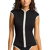 Seafolly Women's Short Cap Sleeve Zip Front Rashguard with Removable Cups