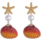 Bohemian Starfish Shell Earrings for Women Gold Starfish Stud Earrings Colorful Shell Pearl Dangle Drop Earring Personalized Ocean Statement Earring Boho Summer Beach Jewelry