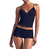 LEEDYA Womens Cami Pajama Set Sexy 2 Piece Sleeveless Pjs Summer V Neck Tank Top Y2K Lace Trim Sleepwear Lounge Set