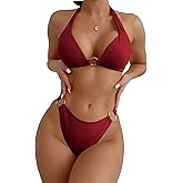 SweatyRocks Women's Ring Linked Halter Push Up Bikini Swimsuit High Stretch Bathing Suit Swimwear Set Swimming Suit Two Piece