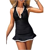 SweatyRocks Women's Halter 2 Piece Tankini Swimsuits Ruffle Deep Plunge Bathing Suit Swimwear