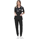 MIVEI Scrubs for Women Set Medical Uniform - Stretch V-Neck Top & 28" 30" Jogger Pant with 9 Pockets, Unisex Nurse Workwear