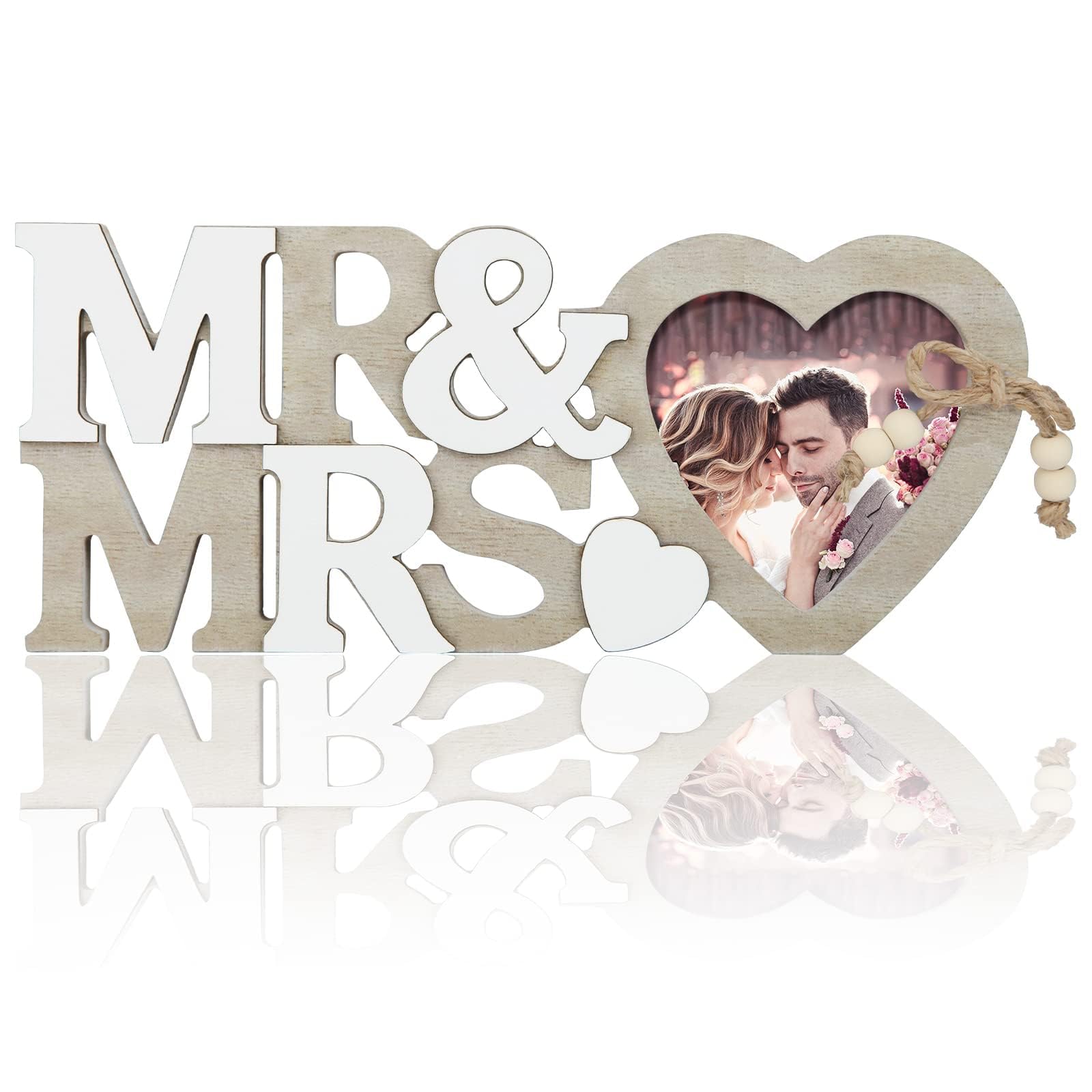 Mbsomnus Mr and Mrs Sign Gifts UV Inkjet Printing Heart Photo Frame Wedding Gifts for Bride and Groom Wedding Table Decoration for Couple Newly Wed Gifts Bedroom Home Decor