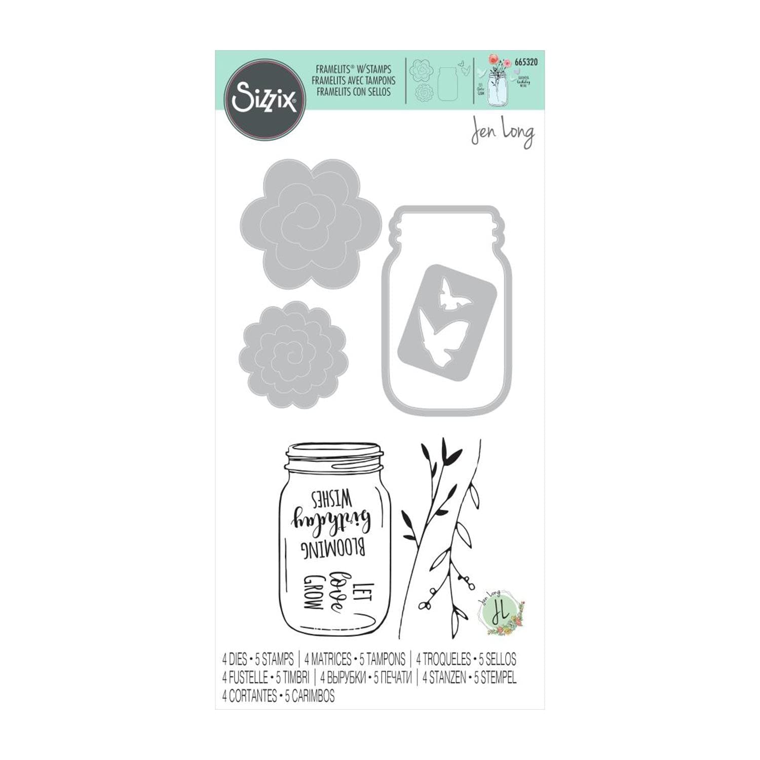 Sizzix Framelits Die Set 4PK w/5PK Stamps Birthday Jar by Jen Long | 665320 |Chapter 2 2022, Multicolor, One Size