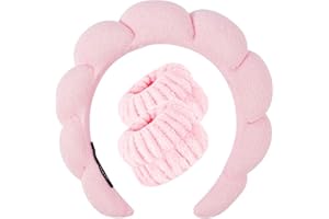 LALAXAVA Spa Headband Wrist Towels Scrunchies/Wristband Set for Washing Face, Skincare Headbands for Women Terry Towel Cloth Fabric Puffy Sponge Facial Headband Hair Bands Wristbands for Makeup, Shower Pink