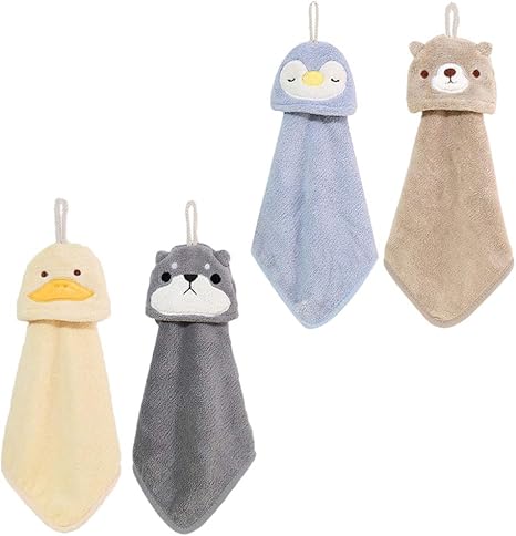 Amazon Cabilock 4個かわいい動物ハンドタオルタオル皿布ループで子供のための浴室キッチン吸収dishclothsタオル おしぼりセット オンライン通販