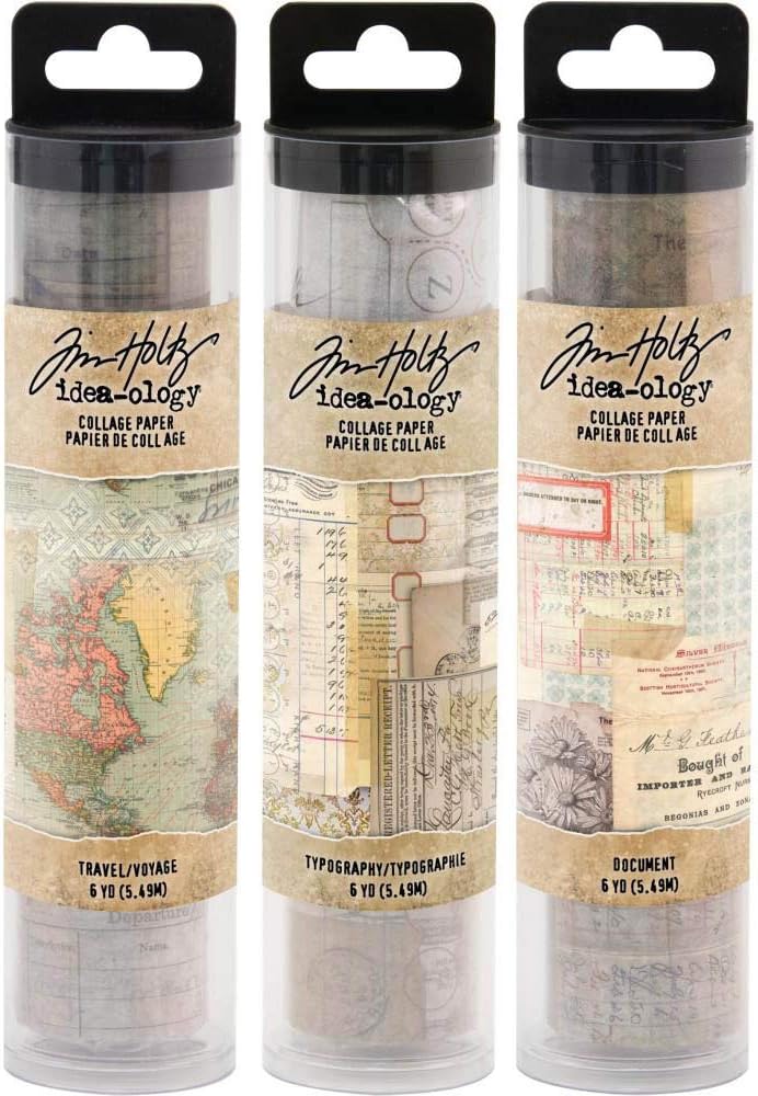 Tim Holtz Idea-Ology Collage Paper Rolls - Travel, Typography and Document - Bundle of Three Rolls