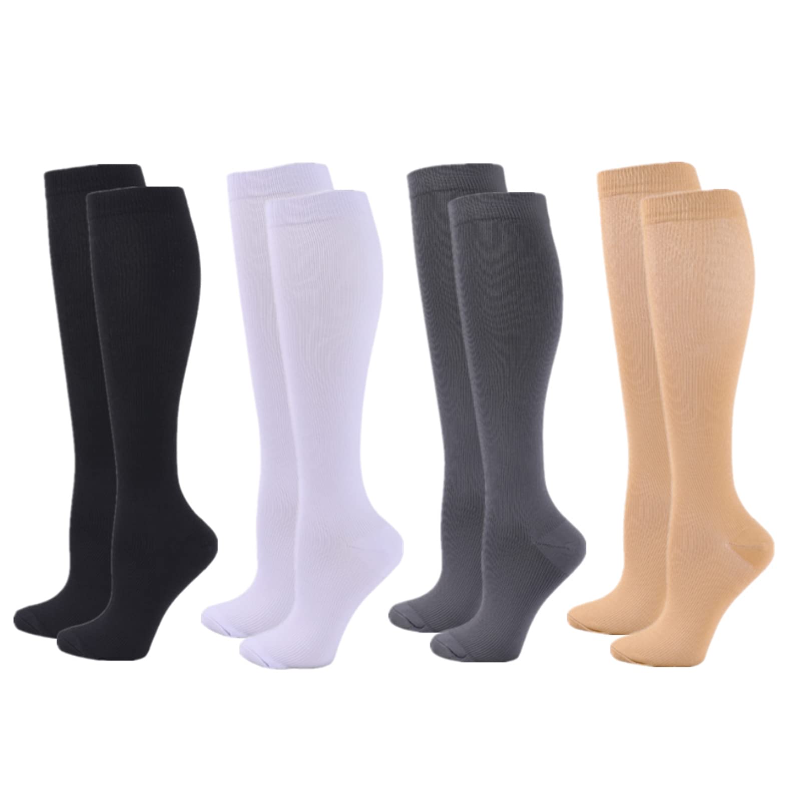 Compression Socks for Women Men, 4 Pairs 20-25mmHg Flight Socks Compression Stockings for Sport, Athletic, Edema, Diabetic, Varicose Veins, Travel, Pregnancy, Nursing (L/XL, Black Skin White Grey)