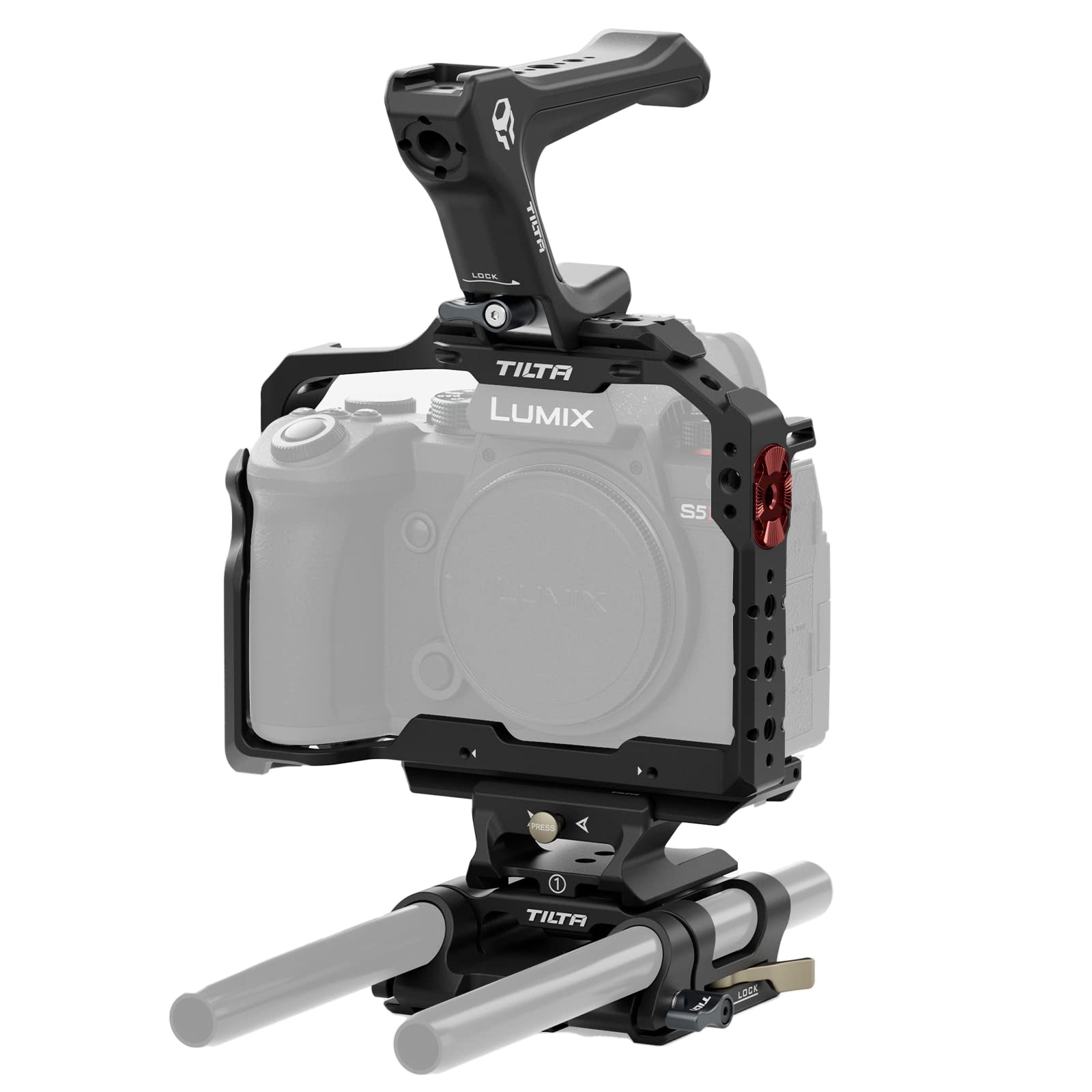 TILTA Camera Cage Basic Kit Compatible with Panasonic S5 II and Panasonic S5 IIX with Compact NATO Top Handle, LWS Baseplate Adapter Type I and Universal 15mm LWS Baseplate Black TA-T50-A-B