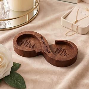 TrophyToast Infinity Wood Ring Dish Holder - Mr & Mrs Engagement Ring Box, Unique Gifts for Women, Bridal Shower Gifts, Bride