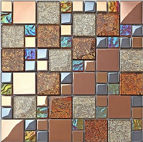 Rose Gold Mesh-Mounted Stainless Steel & Iridescent Glass Mosaic Tile,Foil Pattern Kitchen Backsplash Bathroom Wall Countertop decoration- LSDJ08 (1 Box of 10.76sq.ft)