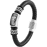 BIYONGDE Mens Black braided leather Bangle Bracelet, Vintage Steel Judah Lion Head and Bead Charms Hexagon Clasp