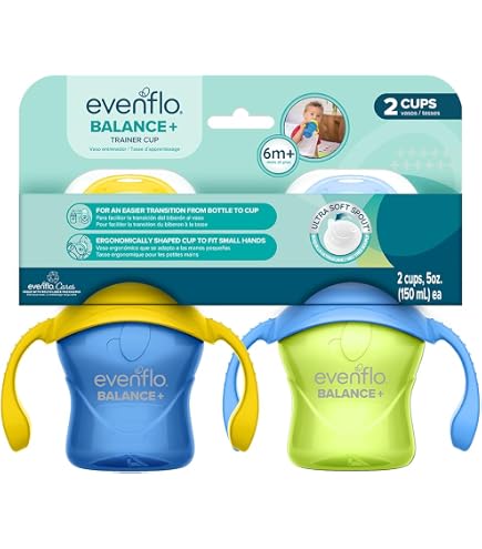 Evenflo Balance+ Trainer Cups for Babies 6+ Months, Blue and Green, 9oz, 2 Pack, Ergonomic Design with Ultra Soft Spout : Baby