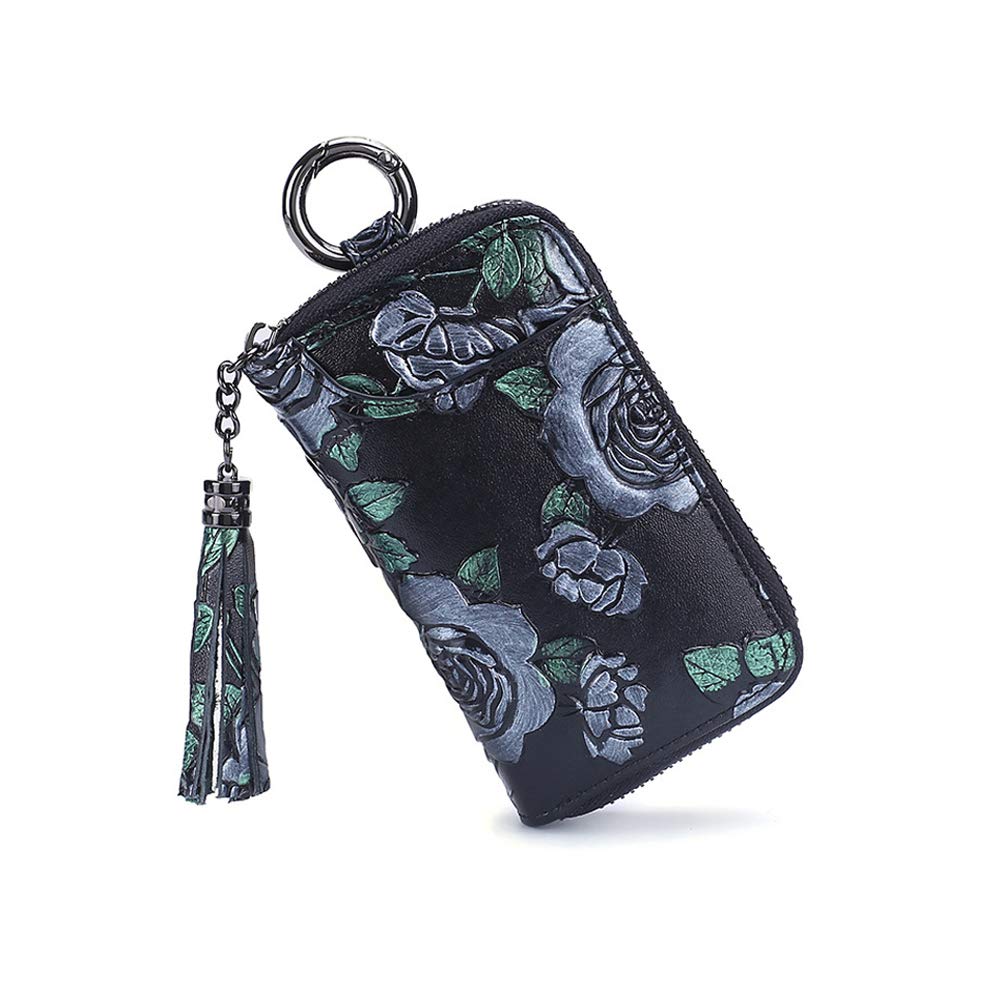 Key Wallet Womens Genuine Leather Car Key Case Holder Zipper Keychian Bag Ladies Key Pouch Holder with 8 Hooks & 1 Key Ring, Card Slots Great Women Gift