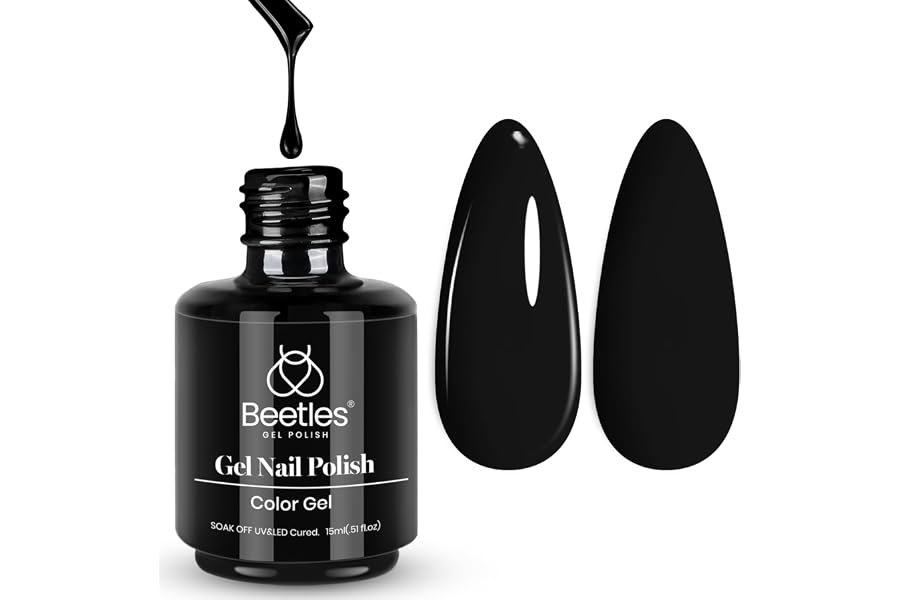 Beetles Black Gel Polish, 15ML Audrey Black Gel Nail Polish for Halloween | Soak-Off UV LED, Long-Lasting Fall Nails Art for Salon & Home DIY Manicures