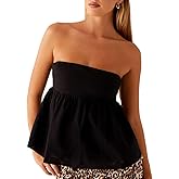 Women Strapless Ruffle Tube Top Smocked Sleeveless Backless Flowy Hem Peplum Camisole Solid Color Casual Top