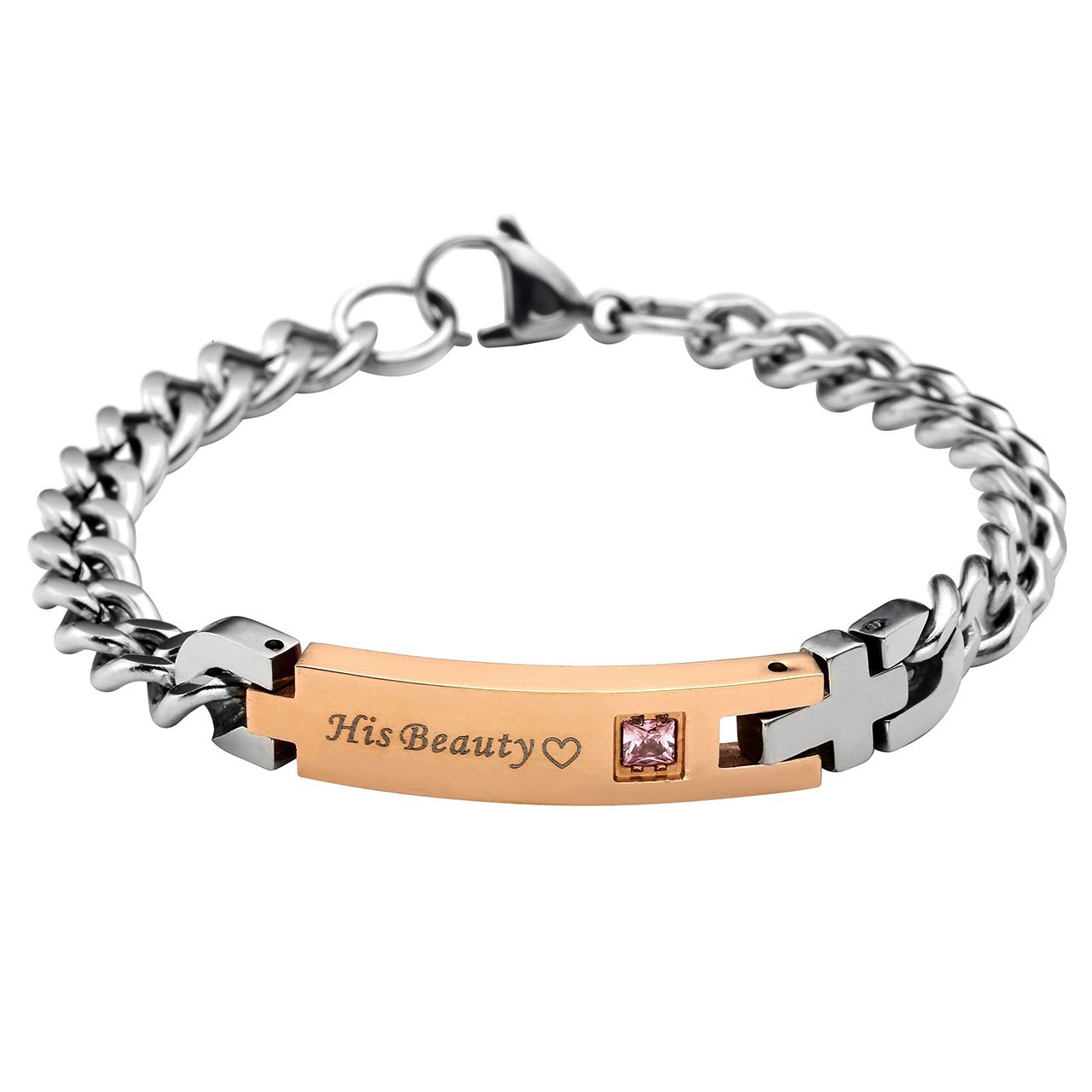 PiercingJ His Beauty und Her Beast Schrift ein Paar Partner Armbänder Curb Kette Armband aus Edelstahl für Herren Damen 7.3\